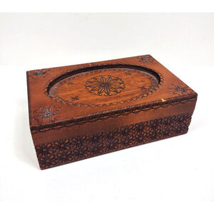 Vintage Hand Carved Wood Jewelry Box Floral Inlay Made In Poland Detail Carving